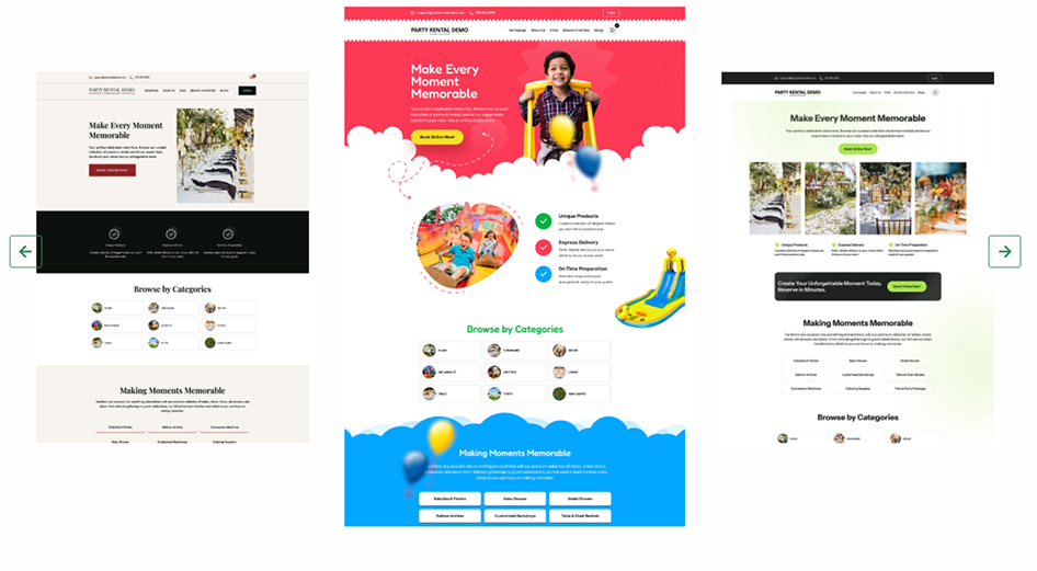 Party rental website shown on desktop and mobile